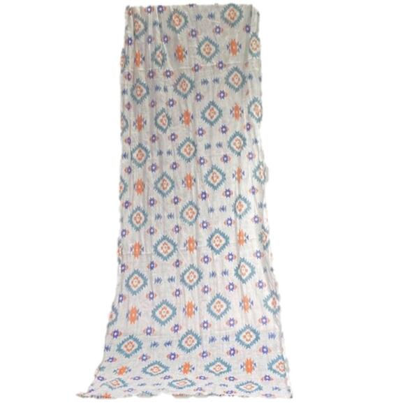 Funky Boho Raw Edge Scarf White with Multicolor Aztec Tribal Print L72" X W20" - Picture 5 of 8